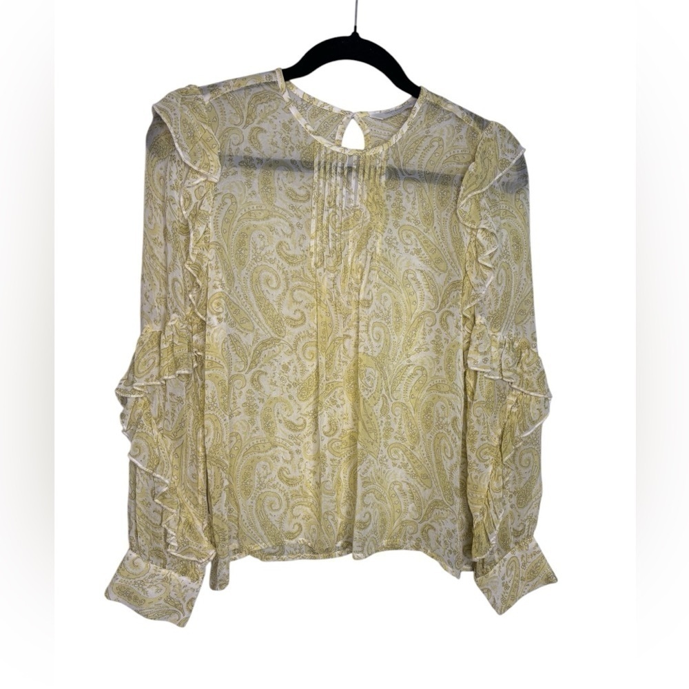 Yellow Paisley Ruffle Romantic Sheer Lucky Brand Long Sleeve Blouse Size XS